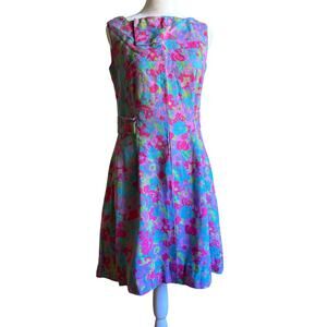 1960s Vintage Handmade Pink and Blue Floral Linen High Neck Shift Dress | Medium
